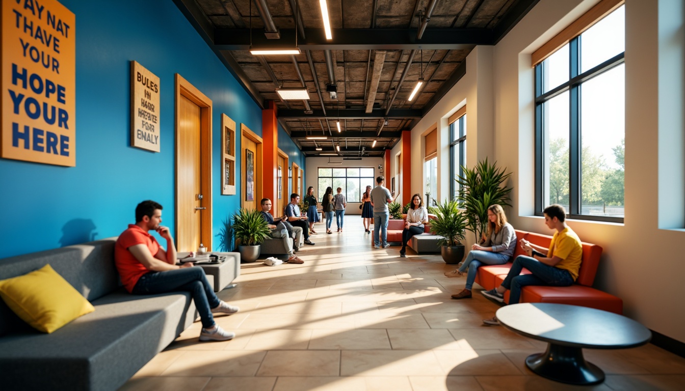 Prompt: Vibrant student halls, youthful energy, lively atmosphere, bold color scheme, bright corridors, stimulating common areas, eclectic furniture, modern minimalist decor, industrial metal accents, reclaimed wood textures, urban loft vibe, natural light pouring in, soft warm glow, cozy reading nooks, collaborative study spaces, inspirational quotes, motivational artwork, calming blue tones, energetic orange hues, refreshing green accents, neutral beige backgrounds, dynamic 3/4 composition, shallow depth of field, realistic textures, ambient occlusion.