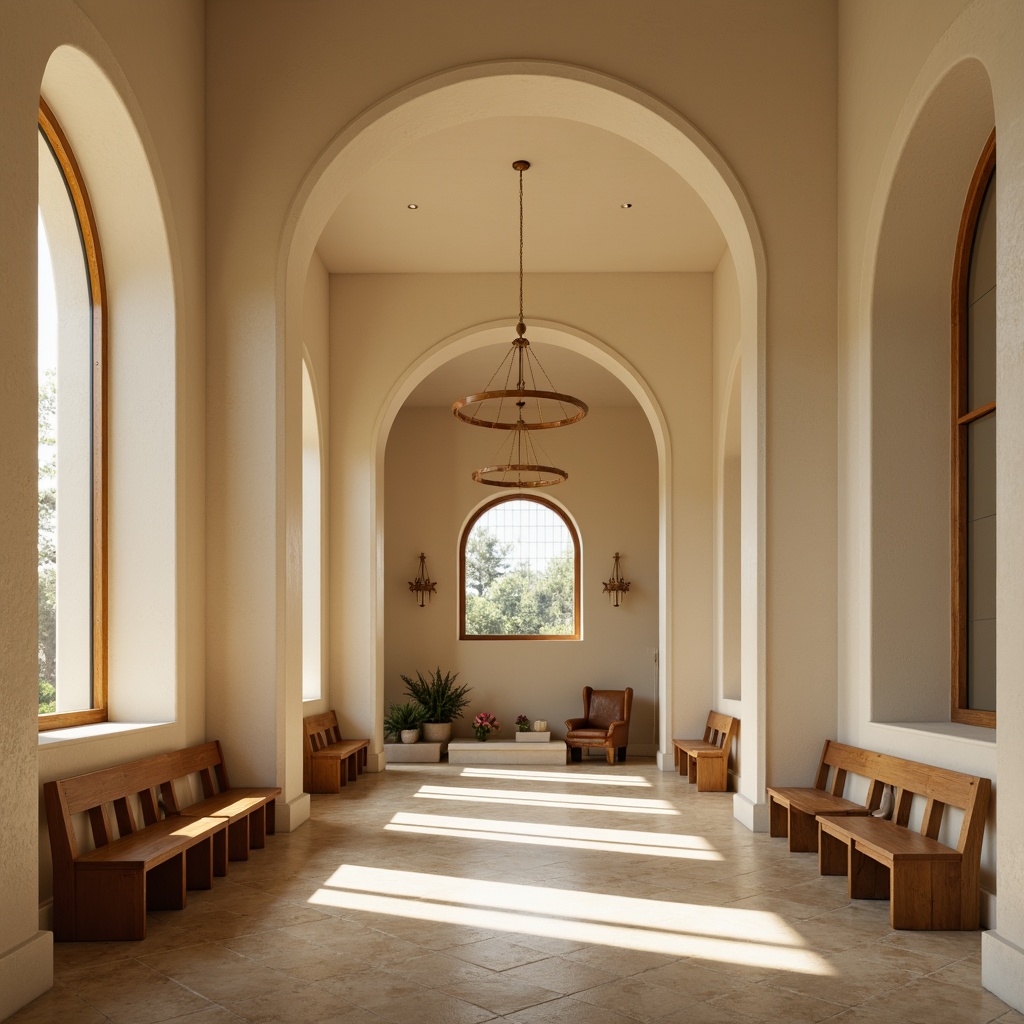 Prompt: \Serenity-inspired monastery, soft cream walls, warm beige floors, minimalist stained glass windows, subtle gold accents, natural stone columns, simple wooden pews, gentle candlelight, peaceful ambiance, shallow depth of field, 1/1 composition, realistic textures, ambient occlusion, calm atmosphere, soft shadows, delicate archways, elegant simplicity.\