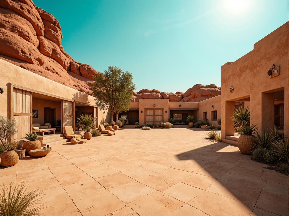 Prompt: Earthy desert landscape, sandy beige dunes, terracotta rock formations, turquoise skies, warm sunny day, soft gentle light, rustic adobe architecture, natural stone walls, wooden accents, woven textiles, tribal patterns, earthy red tones, muted sienna hues, creamy whites, weathered woodgrain textures, shallow depth of field, 3/4 composition, panoramic view, realistic ambient occlusion.