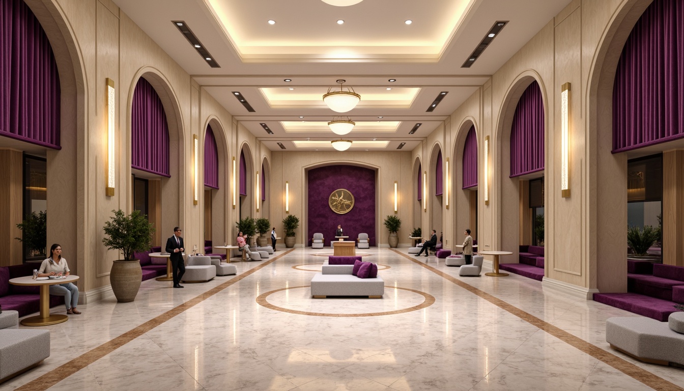 Prompt: Amethyst-hued public administration building, regal architecture, grand entrance halls, sweeping arches, ornate columns, polished marble floors, luxurious velvet drapes, rich wood paneling, dignified meeting rooms, official seals, formal furnishings, subtle lavender accents, soft golden lighting, warm beige tones, creamy whites, sophisticated color blocking, 2-point perspective, symmetrical composition, high-contrast shading, realistic reflections.