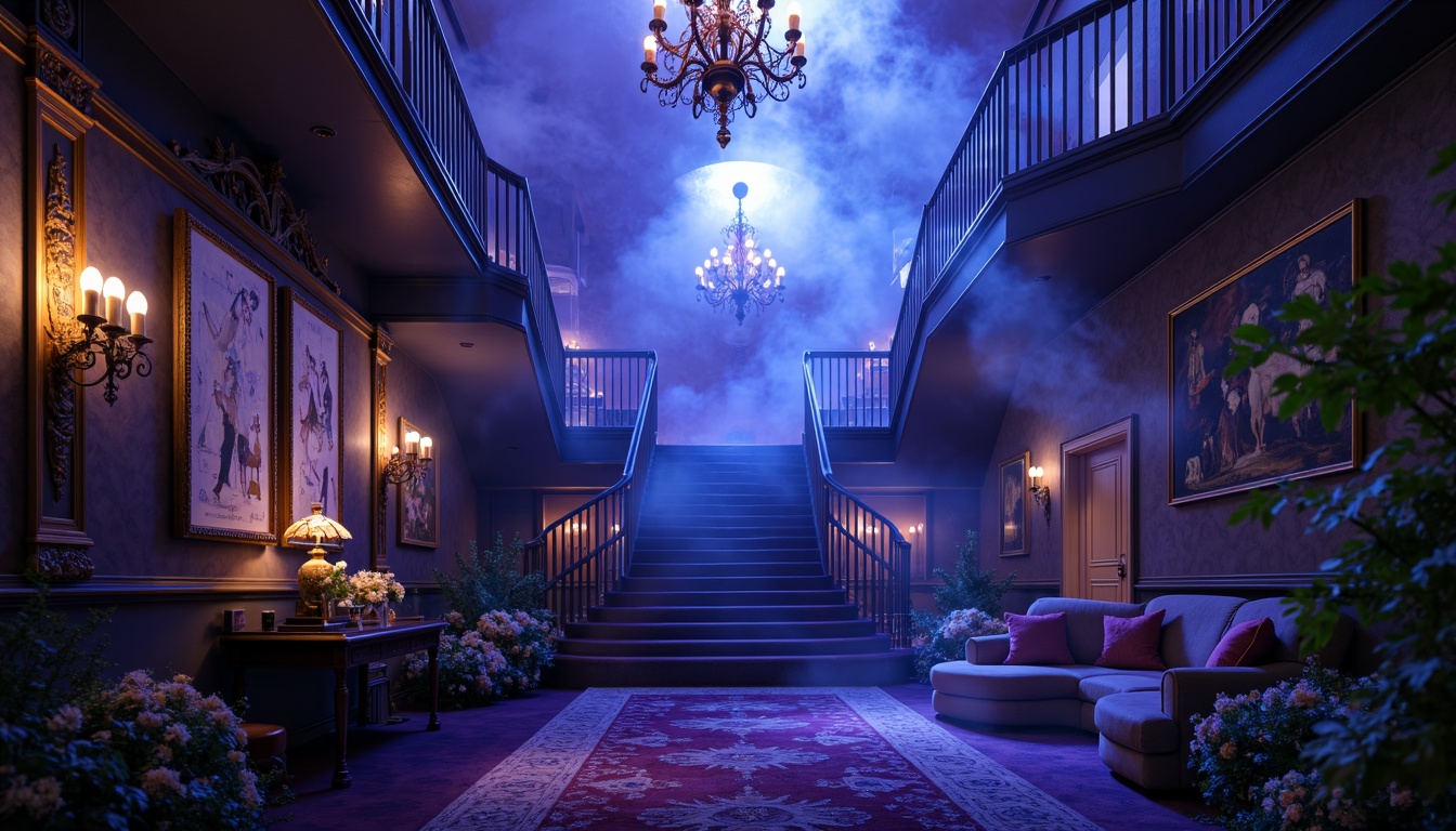 Prompt: Mysterious blue violet atmosphere, whimsical dreamscapes, soft velvety textures, iridescent mist, shimmering particles, delicate florals, ornate Victorian-era architecture, grandiose staircases, lavish chandeliers, richly patterned rugs, opulent fabrics, subtle golden accents, dramatic shadows, warm candlelight, 1/2 composition, cinematic framing, vivid color grading, mystical ambiance.