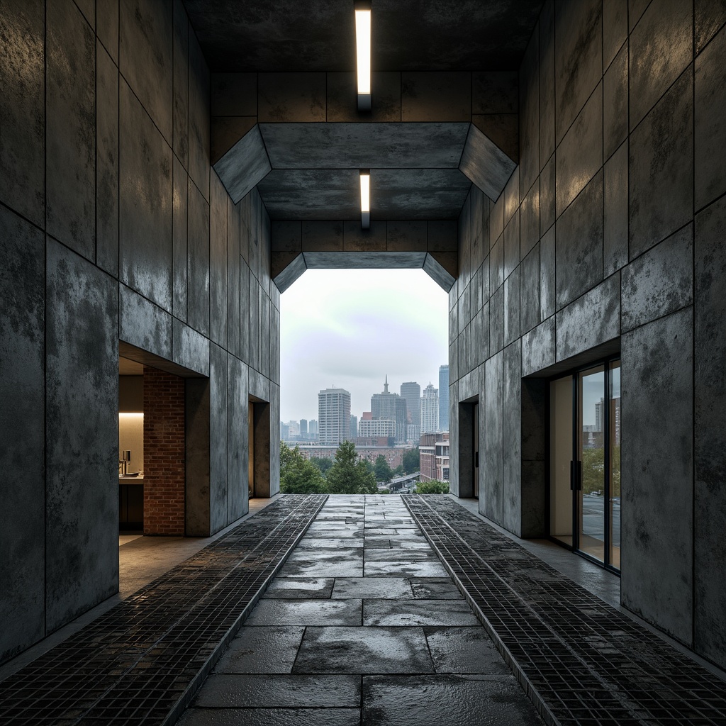 Prompt: Raw concrete walls, rugged stone floors, metallic grids, exposed ductwork, industrial-style lighting, brutalist architecture, fortress-like buildings, urban cityscape, overcast sky, dramatic shadows, high-contrast lighting, cinematic composition, 2.35