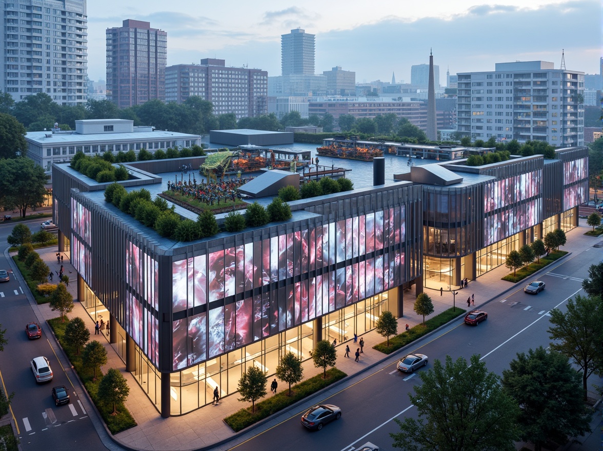 Prompt: Modern urban gymnasium, dynamic fa\u00e7ade patterns, LED lighting displays, sleek glass surfaces, metallic accents, geometric shapes, cantilevered structures, green roofs, vertical gardens, cityscape views, busy street scenes, morning fog, soft natural light, shallow depth of field, 1/1 composition, realistic reflections, ambient occlusion.