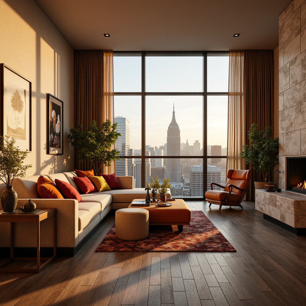 Prompt: Cozy living room, plush furniture, warm beige walls, wooden floorboards, modern minimalist decor, vibrant colorful accents, ambient soft lighting, comfortable sectional sofas, geometric patterned rugs, natural stone fireplaces, large windows, cityscape views, realistic textures, 1/1 composition, shallow depth of field, warm golden hour lighting.