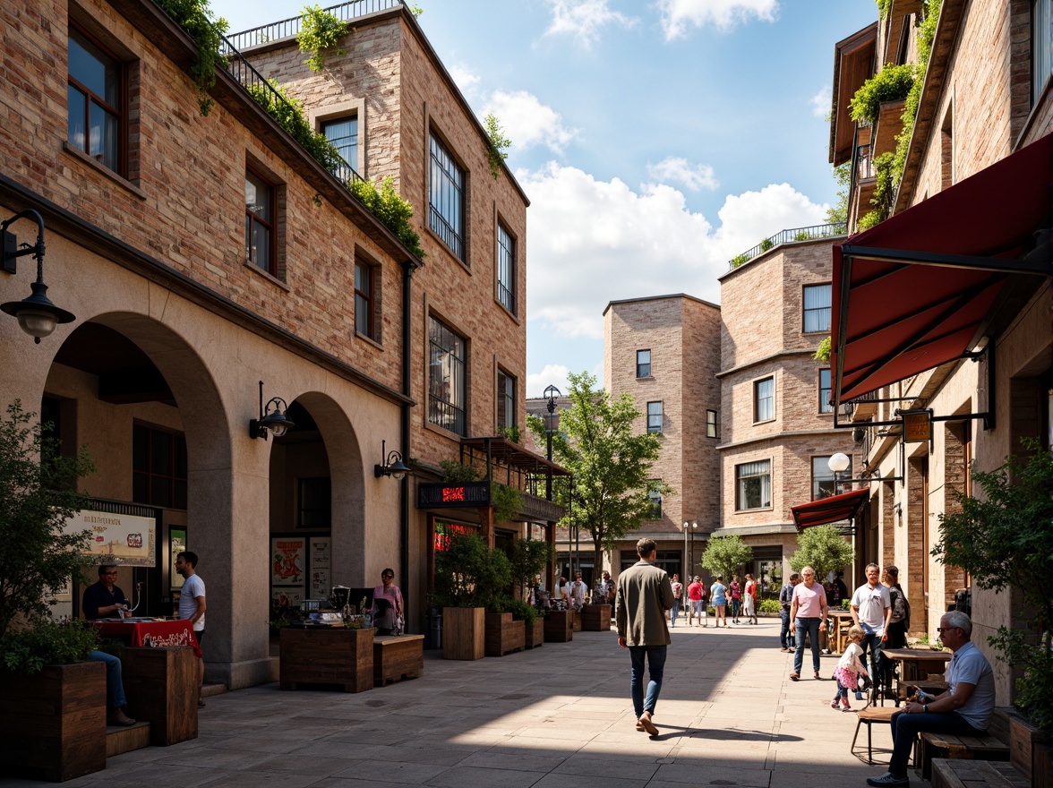 Prompt: Vibrant market scene, eclectic postmodern architecture, textured stone walls, distressed brick facades, ornate metalwork, decorative archways, intricate mosaics, bold colorful signage, rustic wooden accents, vintage-inspired lighting fixtures, lively street performers, bustling crowds, warm afternoon sunlight, soft shadows, 1/1 composition, shallow depth of field, realistic textures, ambient occlusion.