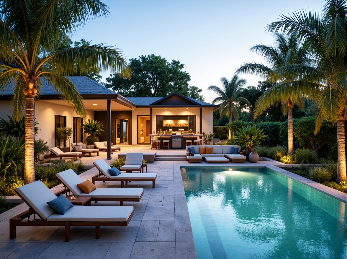 Prompt: Luxurious backyard oasis, crystal-clear pool water, sun-kissed lounge chairs, vibrant tropical plants, natural stone decking, warm outdoor lighting, refreshing misting systems, modern outdoor kitchen, sleek BBQ grills, comfortable sectional sofas, colorful throw pillows, lush greenery, tall palm trees, tranquil water features, serene ambiance, shallow depth of field, 1/1 composition, realistic textures, ambient occlusion.