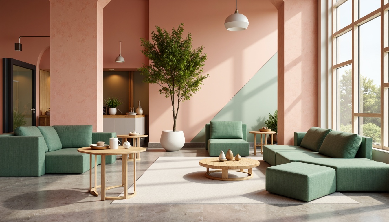 Prompt: Vibrant modern interior, pastel hues, soft peach tones, calming mint greens, rich charcoal grays, warm beige backgrounds, bold accent walls, metallic gold fixtures, sleek glass surfaces, natural wood textures, subtle gradient effects, atmospheric ambient lighting, shallow depth of field, 1/2 composition, realistic reflections, detailed normal maps.