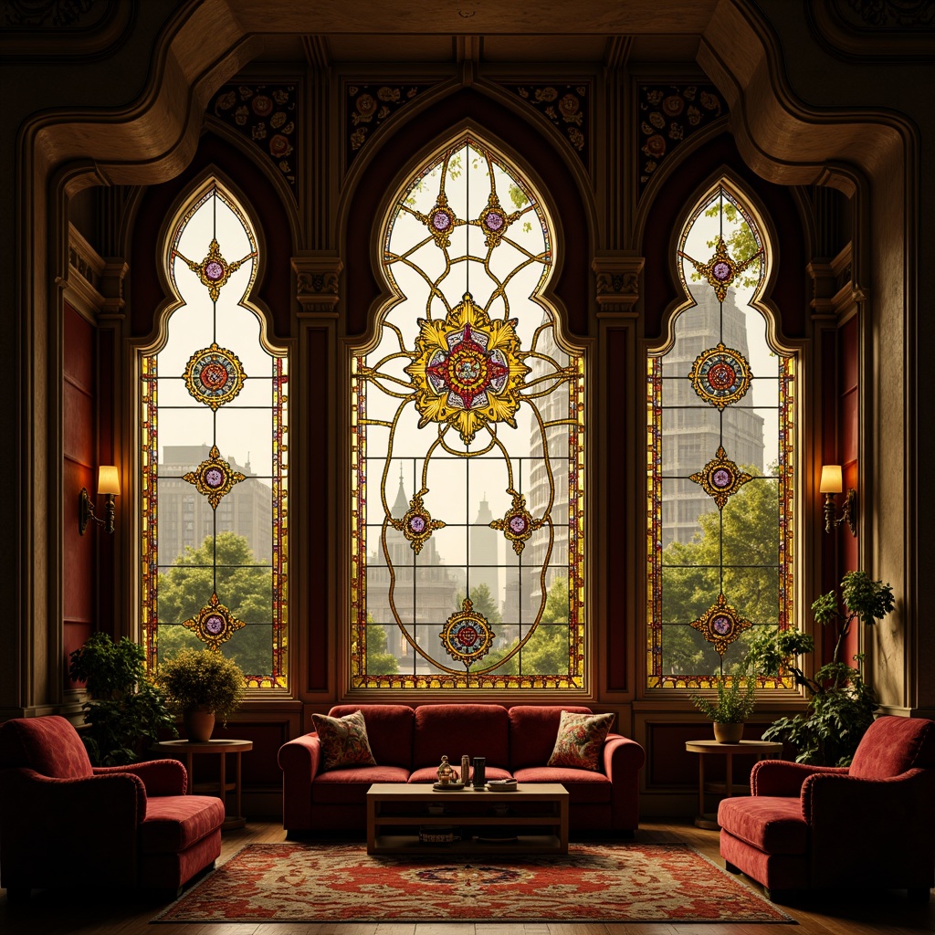 Prompt: Ornate windows, sinuous lines, flowing curves, organic forms, botanical motifs, stained glass patterns, iridescent colors, luxurious fabrics, velvety drapes, intricate ironwork, ornamental hinges, beveled edges, asymmetrical compositions, whimsical details, richly textured surfaces, warm golden lighting, soft focus, shallow depth of field, 2/3 composition, intimate atmosphere, vintage aesthetic.