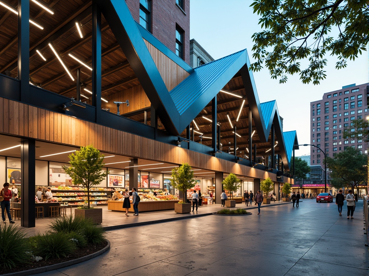 Prompt: Vibrant grocery store facade, angular rooflines, sleek metal cladding, modern industrial chic, exposed ductwork, polished concrete floors, rustic wooden accents, abundant natural light, skylights, clerestory windows, urban cityscape, busy streets, morning sunlight, soft warm glow, shallow depth of field, 1/1 composition, realistic materials, ambient occlusion.