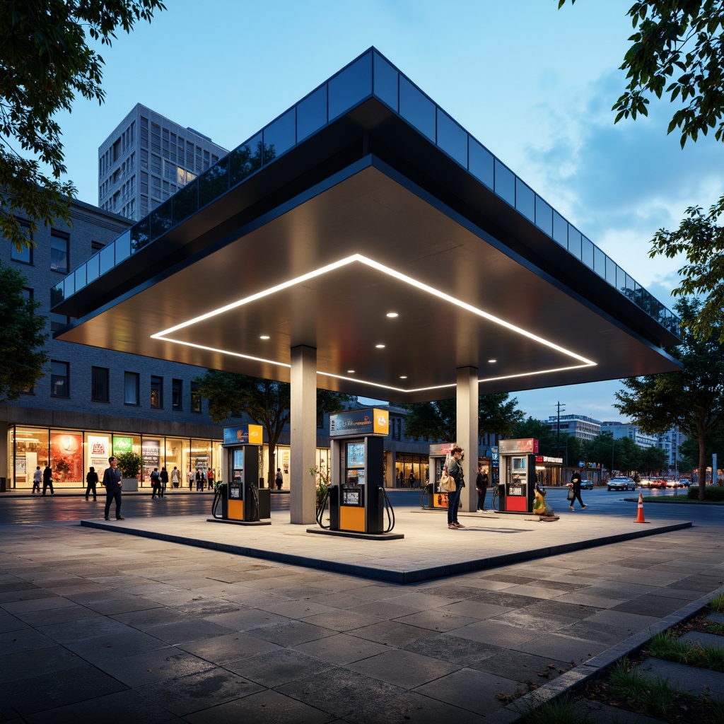 Prompt: Modern gas station, sleek metal canopy, industrial-style lighting, concrete pavement, stainless steel fuel pumps, glossy paint finishes, neon signage, angular architecture, futuristic design elements, urban cityscape, busy streets, day-night cycle, soft warm lighting, shallow depth of field, 3/4 composition, realistic textures, ambient occlusion.