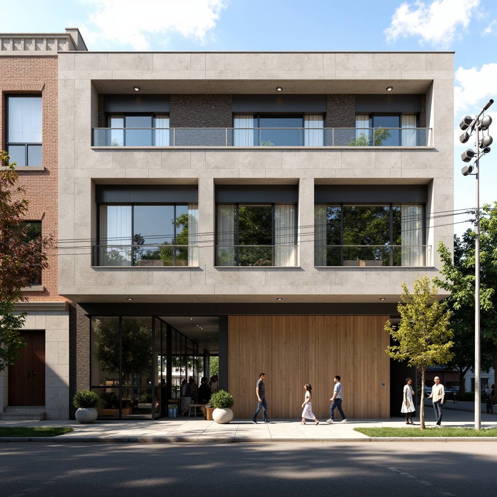 Prompt: Modern international-style building facade, clean lines, rectangular forms, minimal ornamentation, reinforced concrete structure, brick cladding, patterned masonry, textured stone walls, steel frame windows, sliding glass doors, urban cityscape, busy street scene, morning sunlight, soft shadowing, 1/1 composition, realistic material textures, subtle ambient occlusion.