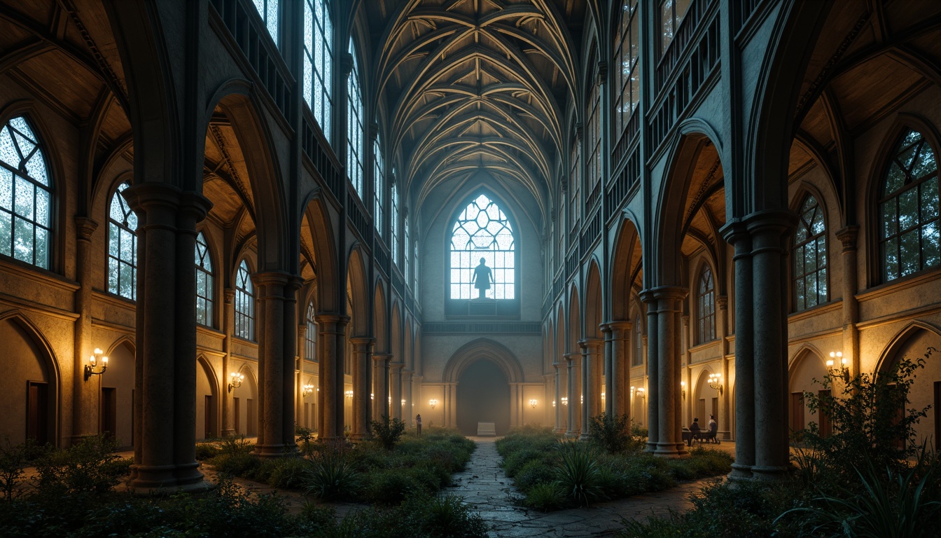 Prompt: Grandiose cathedral-inspired buildings, ornate Gothic arches, ribbed vaulted ceilings, stained glass windows, intricate stone carvings, mystical ambiance, dramatic lighting effects, eerie shadows, atmospheric fog, mysterious night scenes, cinematic composition, symmetrical framing, shallow depth of field, warm color palette, ancient ruins, overgrown vegetation, abandoned landscapes.