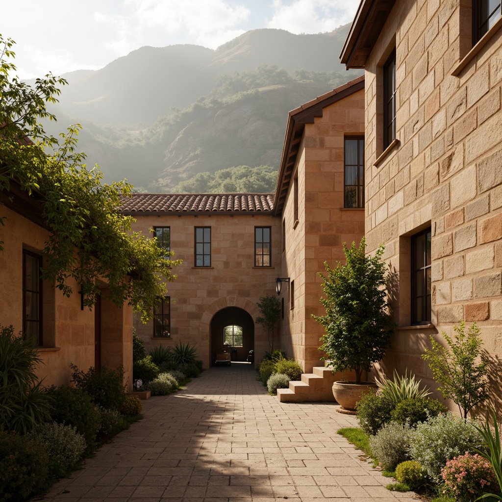 Prompt: Earthy ochre hues, natural stone textures, warm beige walls, rustic wooden accents, soft sage foliage, muted terracotta rooftops, weathered brick facades, organic earthy tones, subtle moss growth, misty atmospheric lighting, shallow depth of field, 1/2 composition, realistic renderings, ambient occlusion.