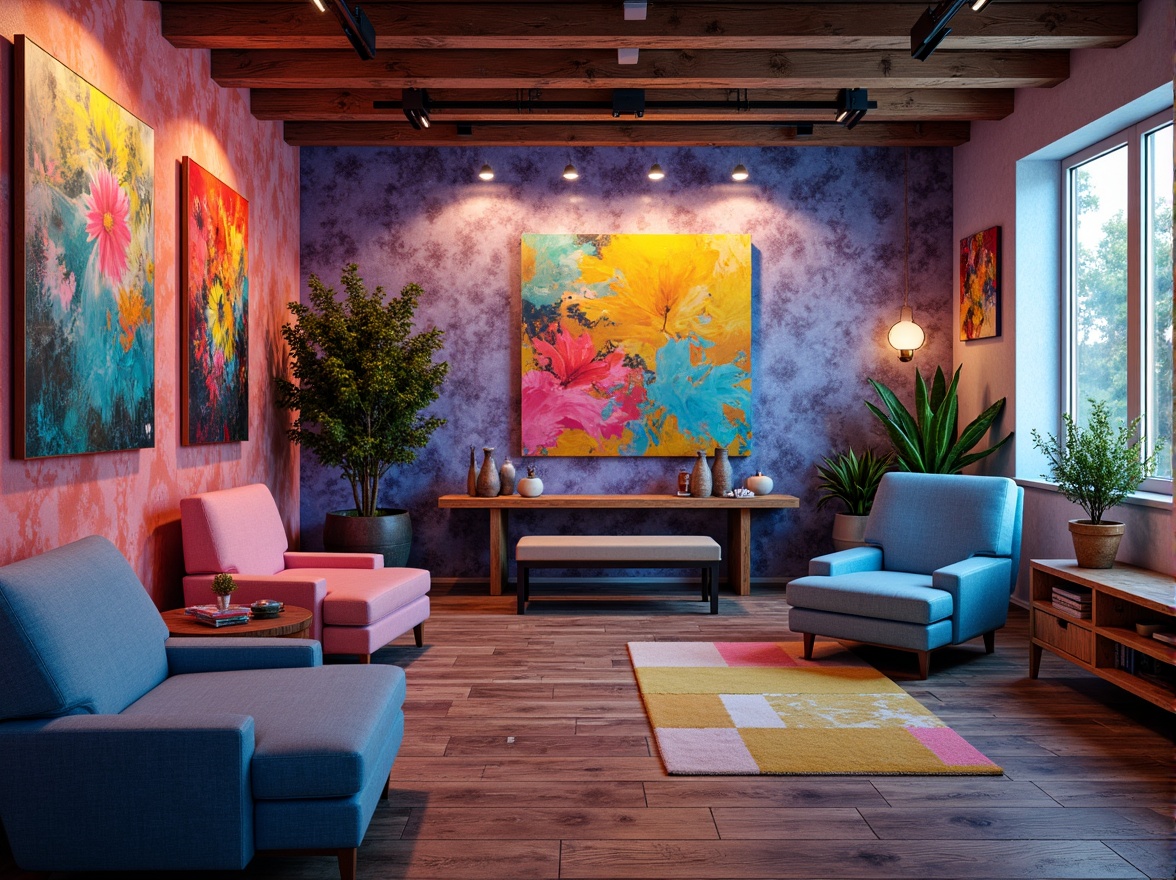 Prompt: Vibrant artistic studio, eclectic color scheme, bold brushstrokes, textured canvas, abstract modern art, pastel hues, rich jewel tones, neon accents, metallic sheens, matte finishes, atmospheric lighting, soft focus, shallow depth of field, 1/1 composition, realistic textures, ambient occlusion.