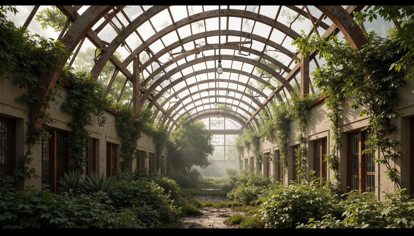 Prompt: Deconstructed greenhouse facade, fragmented glass panels, lush greenery, vines crawling walls, rusty metal frames, distressed wooden accents, industrial pipes, reclaimed materials, organic shapes, curvaceous lines, experimental architecture, futuristic ambiance, warm natural light, soft misty atmosphere, shallow depth of field, 1/1 composition, symmetrical view, realistic textures, ambient occlusion, overgrown vegetation, abandoned aesthetic, post-apocalyptic feel.