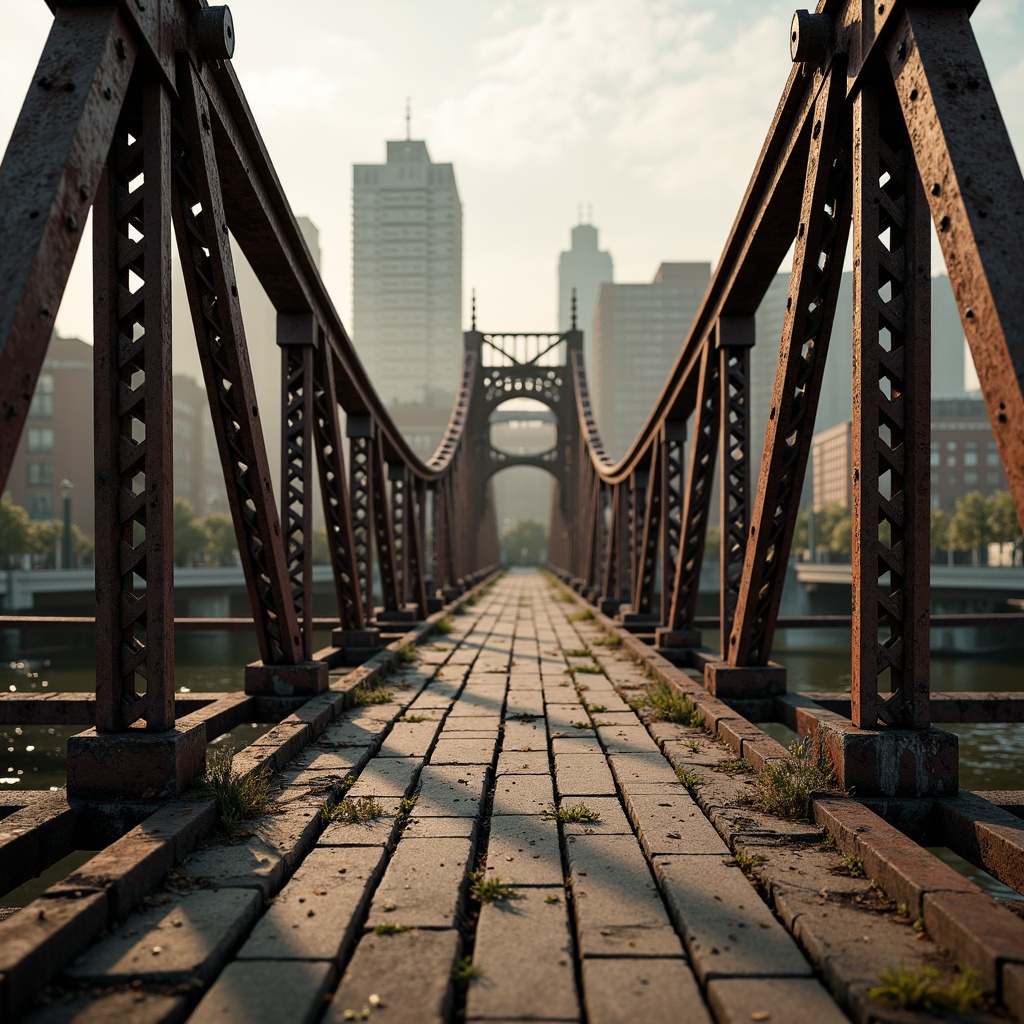 Prompt: Rustic steel bridges, weathered wooden planks, rough stone piers, intricate metal latticework, ornate railings, worn concrete surfaces, urban cityscape, misty morning atmosphere, soft warm lighting, shallow depth of field, 3/4 composition, realistic textures, ambient occlusion.