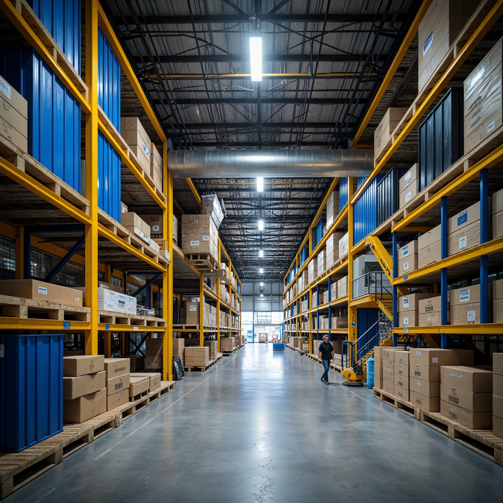 Prompt: Industrial distribution center, functional architecture, steel beams, concrete floors, metal shelving units, cargo containers, vibrant yellow accents, deep blue tones, neutral gray backgrounds, warm beige lighting, natural textures, exposed ductwork, modern LED signage, high-contrast color scheme, 1/1 composition, dramatic shadows, realistic reflections, ambient occlusion.