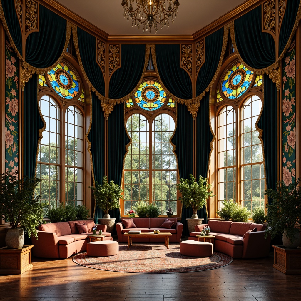 Prompt: Intricate botanical ornaments, flowing curves, organic forms, luxurious materials, velvet drapes, ornate mirrors, gilded frames, sinuous lines, biomorphic motifs, stained glass windows, iridescent colors, Art Nouveau typography, elegant proportions, symmetrical compositions, soft warm lighting, shallow depth of field, 2/3 composition, realistic textures, ambient occlusion, whimsical patterns, peacock-inspired hues, lavish furnishings.