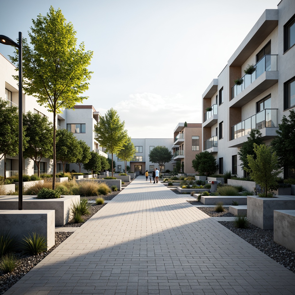 Prompt: Simple residential streets, clean lines, minimal ornaments, natural stone pavements, sparse greenery, low-maintenance plants, monochromatic color schemes, modern streetlights, sleek benches, geometric-shaped planters, gravel pathways, subtle water features, calm atmosphere, soft morning light, shallow depth of field, 1/1 composition, realistic textures, ambient occlusion.