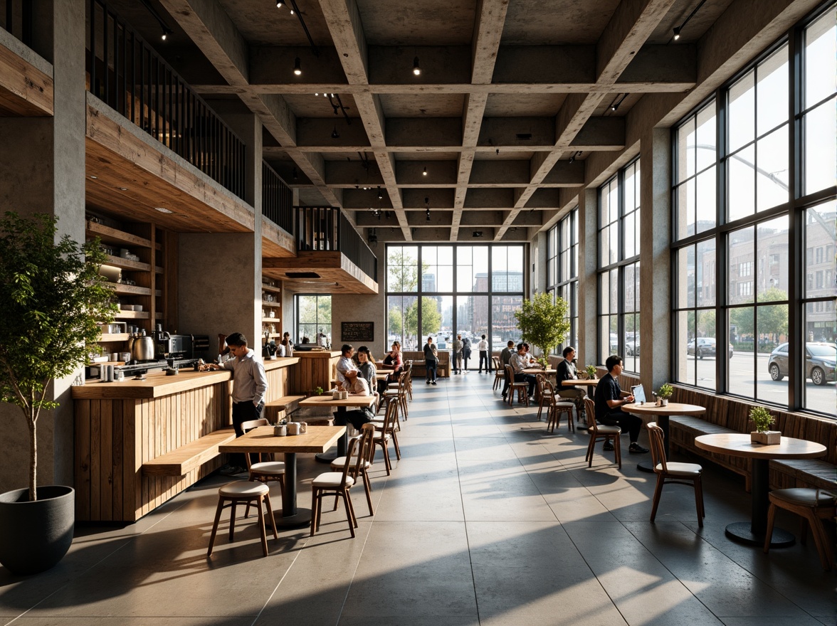 Prompt: Industrial brutalist coffee shop interior, exposed concrete walls, raw steel beams, minimalist decor, reclaimed wood accents, natural stone floors, large windows, abundant daylight, soft warm lighting, shallow depth of field, 3/4 composition, realistic textures, ambient occlusion, urban cityscape views, modern architecture, busy street life, morning rush hour atmosphere.