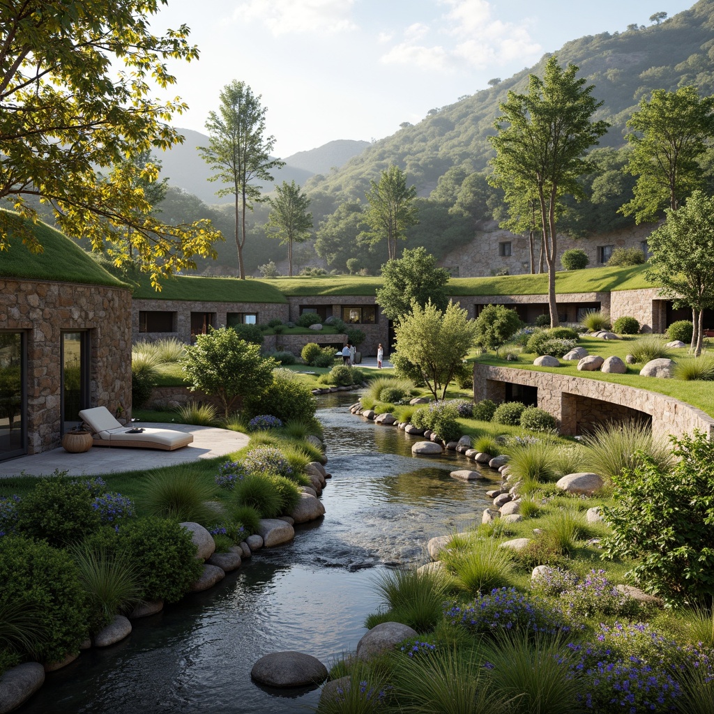 Prompt: Harmonious landscape integration, lush green roofs, natural stone walls, curved lines, organic forms, eco-friendly materials, seamless transitions, blurred boundaries, outdoor living spaces, flowing water features, native plant species, scenic lookout points, panoramic views, warm sunlight, soft shadows, 3/4 composition, symmetrical balance, realistic textures, ambient occlusion.