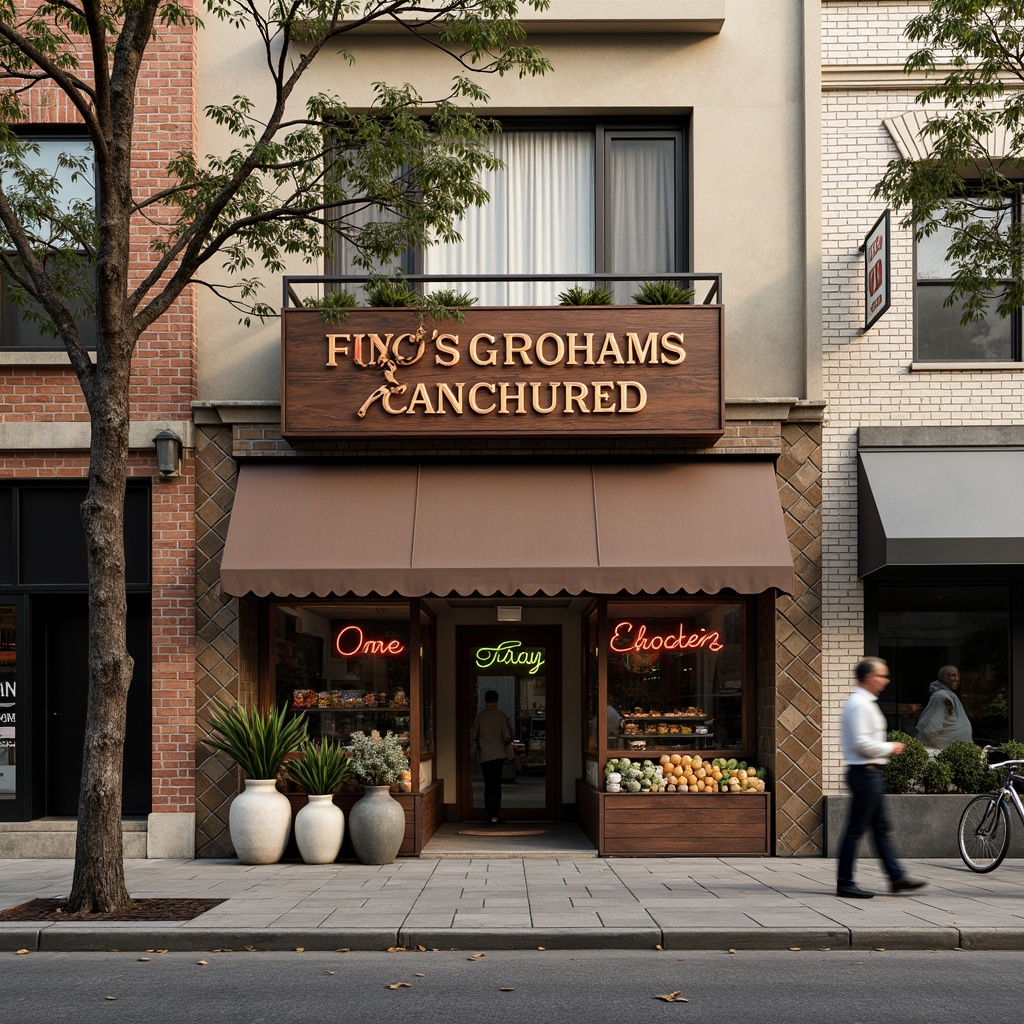 Prompt: Local grocery store facade, rustic wooden signage, vintage metal awnings, classic brick buildings, ornate tile work, distressed stucco walls, earthy tone color palette, traditional storefronts, nostalgic neon signs, afternoon soft warm lighting, shallow depth of field, 1/1 composition, realistic textures, ambient occlusion, bustling street scene, pedestrian traffic, parked bicycles, urban residential neighborhood.