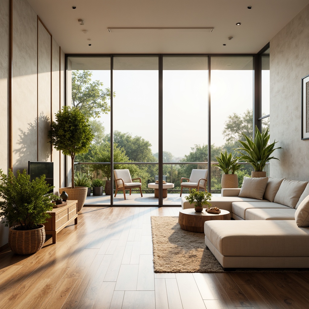 Prompt: Bright airy interior, large windows, sliding glass doors, minimal window frames, reflective surfaces, light-colored walls, polished wooden floors, sleek modern furniture, greenery, potted plants, natural textiles, woven baskets, earthy tones, warm beige colors, soft diffused lighting, 1/1 composition, shallow depth of field, realistic textures, ambient occlusion.