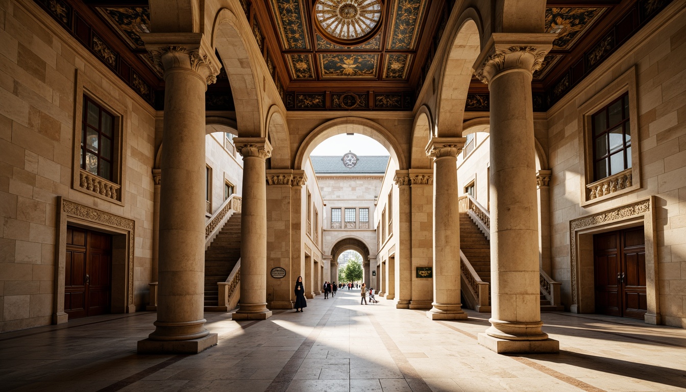 Prompt: Grandiose courthouse entrance, Romanesque archways, ornate carvings, rusticated stone walls, columned facade, vaulted ceilings, grand staircases, intricate mosaics, stained glass windows, natural light pouring in, dramatic shadows, warm beige tones, rustic textures, symmetrical composition, central axis perspective, high-contrast lighting, detailed architectural elements, historic preservation.