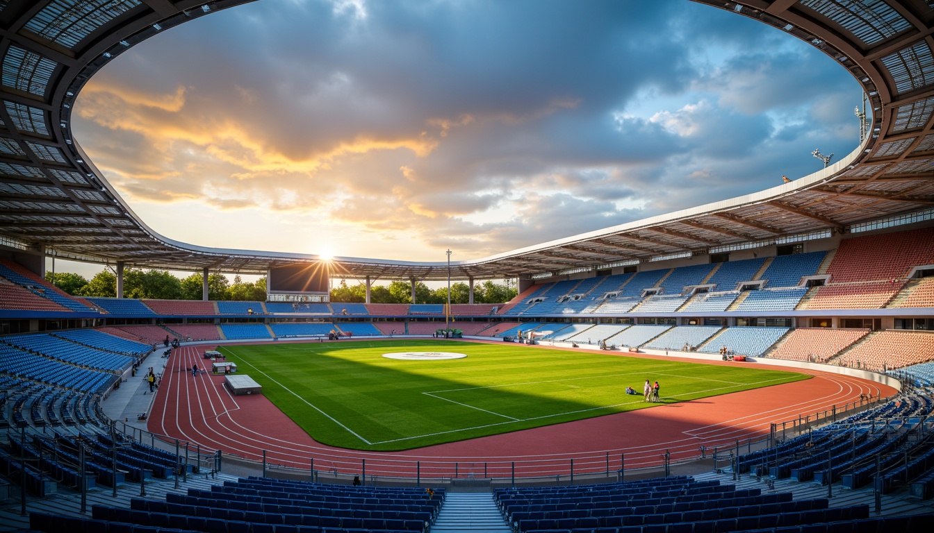 Prompt: Vibrant sports stadium, bold geometric shapes, dynamic color contrasts, energetic atmosphere, bright floodlights, lush green grass, athletic tracks, modern architecture, sleek metal structures, transparent roofs, panoramic views, electric blue seats, warm golden lighting, shallow depth of field, 3/4 composition, realistic textures, ambient occlusion.