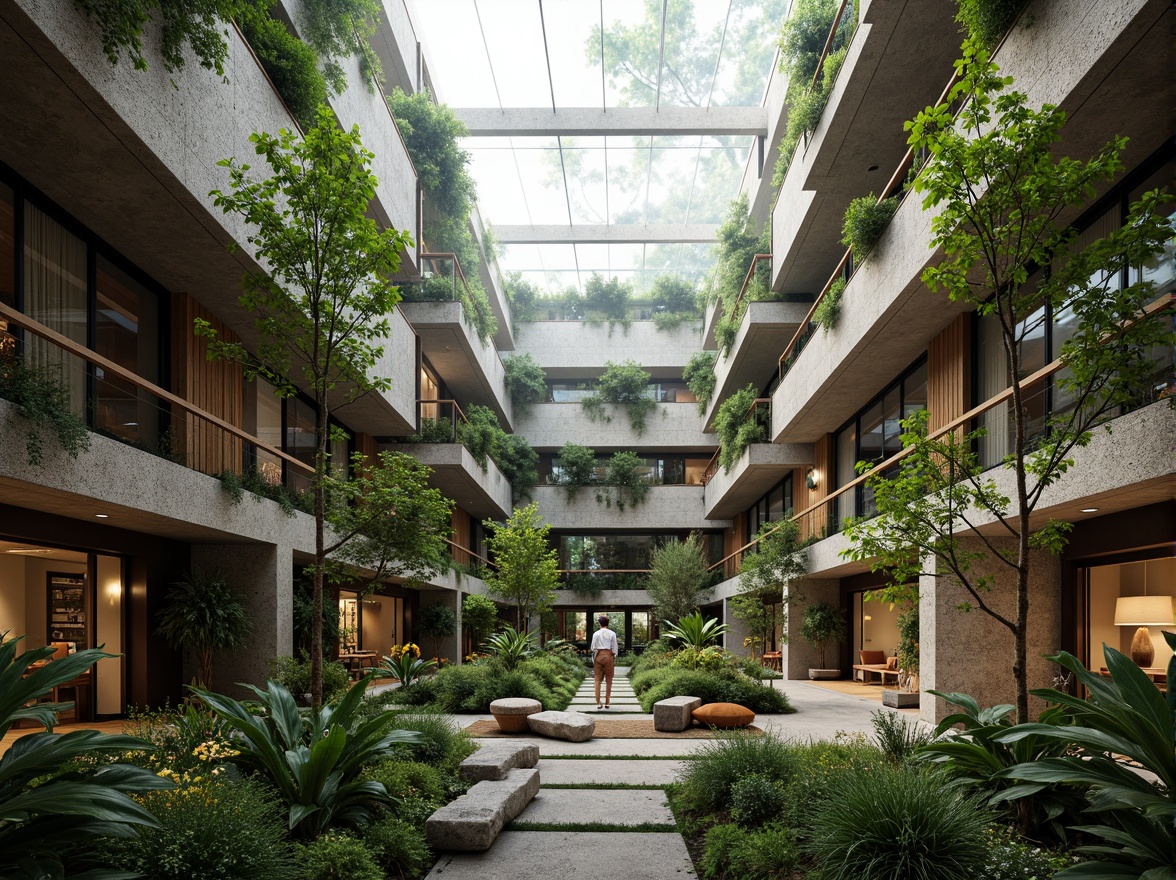 Prompt: Open-air atrium, natural ventilation system, green walls, living roofs, breathing buildings, organic forms, earthy tones, wooden accents, large windows, sliding glass doors, clerestory windows, solar shading devices, overhangs, cantilevered structures, rustic stone walls, lush vegetation, tropical plants, misty atmosphere, soft diffused lighting, 1/1 composition, realistic materials, ambient occlusion.