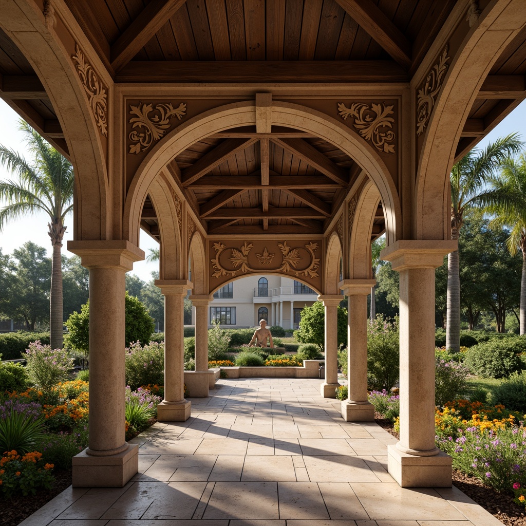 Prompt: Rustic pavilion, Romanesque arches, ornate stone carvings, intricate column details, earthy brown color palette, weathered stone textures, lush greenery surroundings, vibrant flowers, soft warm lighting, shallow depth of field, 3/4 composition, panoramic view, realistic textures, ambient occlusion.