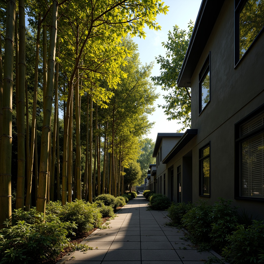 Prompt: Natural bamboo forest, tall slender stems, feathery leaves, subtle rustling sounds, warm sunlight filtering through, dark black stone walls, sleek metal accents, minimalist modern architecture, low-maintenance exterior, sustainable building materials, organic textures, earthy tones, dramatic contrast, high-contrast composition, shallow depth of field, 1/1 aspect ratio, soft natural lighting, ambient occlusion.Let me know if this meets your requirements!