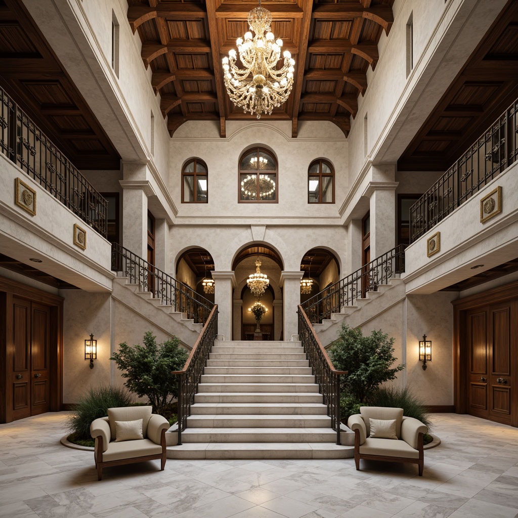 Prompt: Intricate stone carvings, ornate metalwork, lavish chandeliers, grand staircases, opulent furnishings, rich wood tones, marble flooring, sleek glass railings, minimalist decor, neutral color palette, ambient lighting, soft focus, shallow depth of field, 1/1 composition, symmetrical framing, realistic textures, subtle reflections.