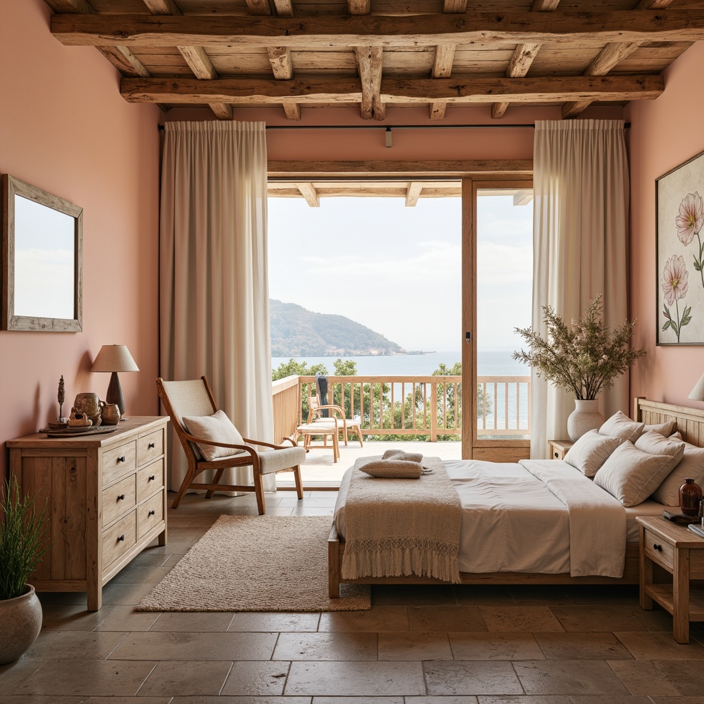 Prompt: Soft peach walls, distressed wooden furniture, vintage nautical decor, plush linen bedding, creamy white curtains, beachy keystone floors, rustic driftwood accents, warm golden lighting, serene ocean views, misty mornings, dreamy watercolor textures, whimsical sea shell patterns, delicate lace trim, weathered copper fixtures, airy 3/4 composition, gentle natural light, romantic ambiance.