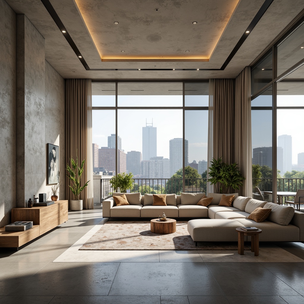 Prompt: Minimalist open-plan living space, sleek modern furniture, neutral color palette, natural materials, polished concrete floors, floor-to-ceiling windows, sliding glass doors, urban cityscape views, trendy pendant lighting, geometric patterns, luxurious textiles, abstract artwork, sophisticated ambiance, shallow depth of field, 1/1 composition, softbox lighting, realistic reflections.