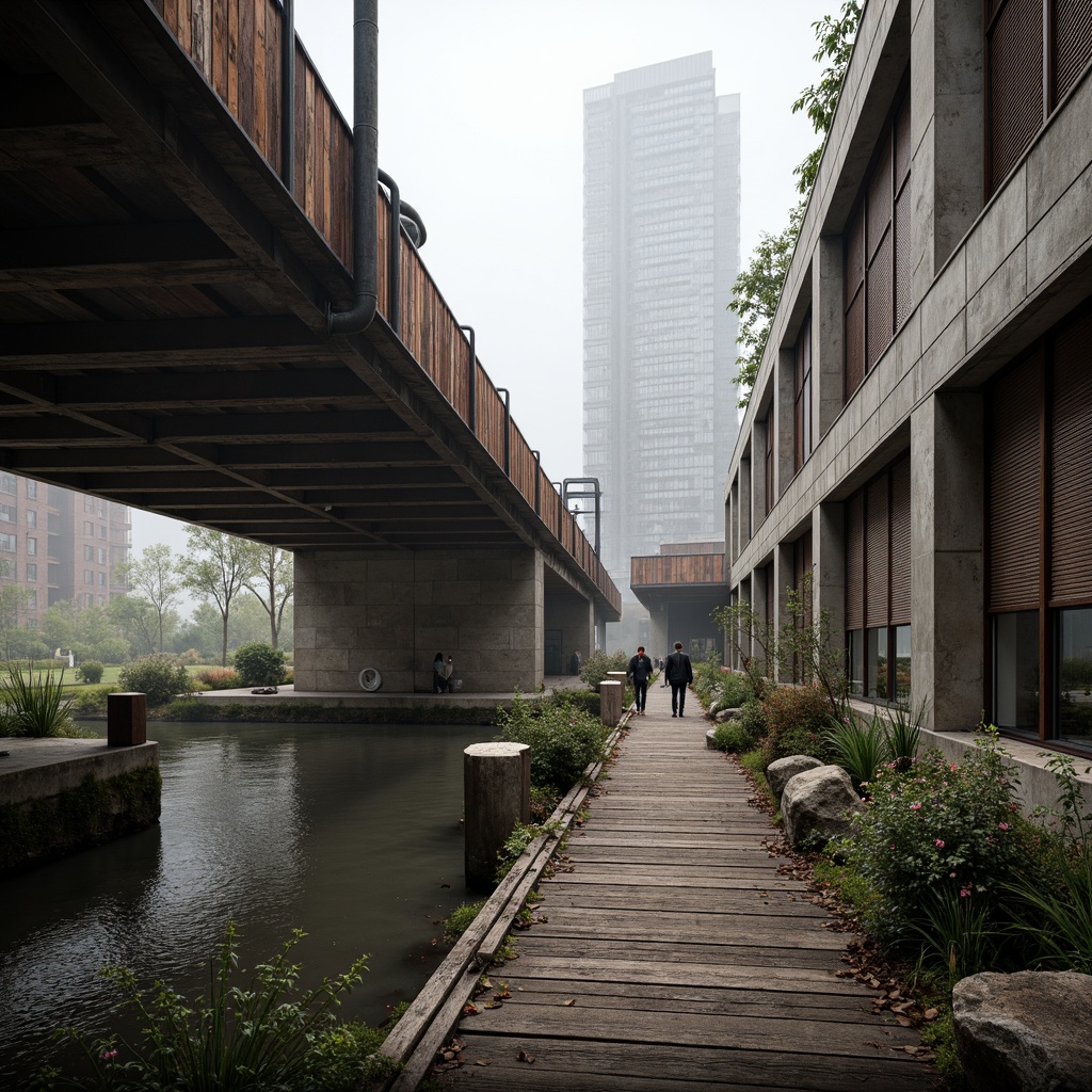 Prompt: Rustic metal bridges, weathered steel structures, worn wooden planks, industrial pipes, recycled materials, reclaimed wood accents, earthy tones, moss-covered stonework, organic curves, brutalist architecture, urban renewal, revitalized waterfronts, misty morning atmosphere, soft natural lighting, shallow depth of field, 2/3 composition, cinematic framing, high-contrast textures, ambient occlusion.Please let me know if this meets your requirements!