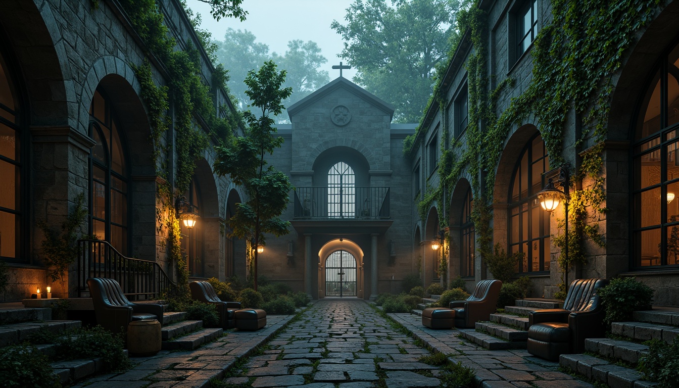 Prompt: Mysterious Gothic rehabilitation center, overgrown ivy, crumbling stone walls, ornate iron gates, misty foggy atmosphere, dim lantern lighting, winding cobblestone pathways, ancient tree silhouettes, moss-covered statues, mysterious ruins, abandoned chapel-inspired architecture, stained glass windows, intricate stone carvings, eerie ambient sounds, low-key mystical music, warm candlelit interior, distressed leather furniture, vintage medical equipment, mystical herbal gardens, apothecary-inspired decor, mystical ancient tomes, crypt-like atmosphere, dramatic chiaroscuro lighting, 1/2 composition, cinematic framing, realistic fog effects.