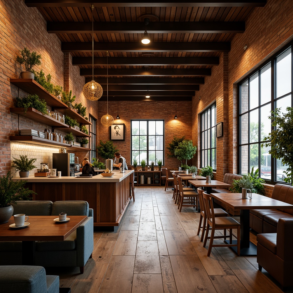 Prompt: Cozy coffee shop interior, warm wooden accents, textured brick walls, industrial metal beams, reclaimed wood flooring, comfortable seating areas, rustic wooden tables, vintage decorative items, soft warm lighting, shallow depth of field, 1/1 composition, realistic textures, ambient occlusion, earthy color palette, natural stone countertops, ceramic tile backsplashes, modern minimalist decor, lush greenery, potted plants, aromatic coffee scents.