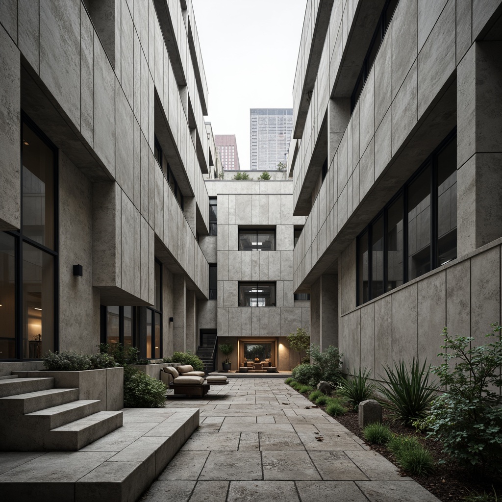 Prompt: Raw concrete walls, rugged textures, bold geometric forms, cantilevered floors, industrial-style windows, metallic accents, weathered steel beams, exposed ductwork, minimalist landscaping, urban cityscape, overcast sky, dramatic shadows, high-contrast lighting, 1-point perspective, symmetrical composition, realistic renderings, ambient occlusion.