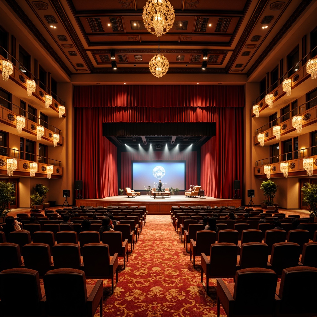 Prompt: Elegant performance hall, grand stage, velvet curtains, luxurious seating, ornate chandeliers, rich wood accents, plush carpets, soundproofing materials, state-of-the-art audio equipment, professional lighting systems, dramatic spotlights, intimate ambiance, warm color schemes, acoustic panels, minimalist decor, flexible floor plans, movable partitions, versatile furniture arrangements, optimized traffic flow, efficient backstage areas, green rooms, star dressing rooms, VIP lounges, soft warm lighting, shallow depth of field, 3/4 composition, realistic textures.