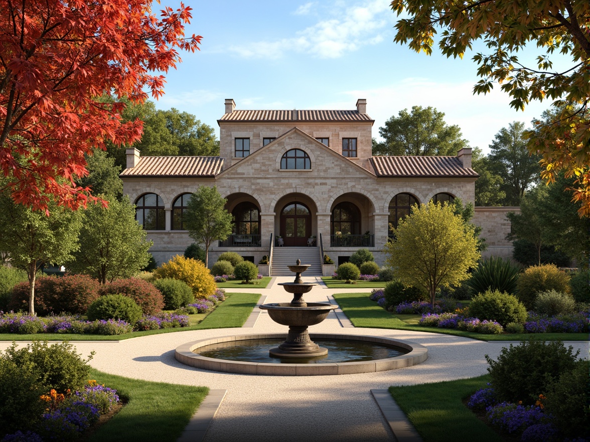 Prompt: Grand courthouse building, Romanesque arches, rustic stone walls, lush greenery, blooming flowers, manicured lawns, meandering walkways, ornate fountains, tranquil ponds, majestic trees, vibrant autumn foliage, warm sunny day, soft natural lighting, shallow depth of field, 3/4 composition, panoramic view, realistic textures, ambient occlusion.