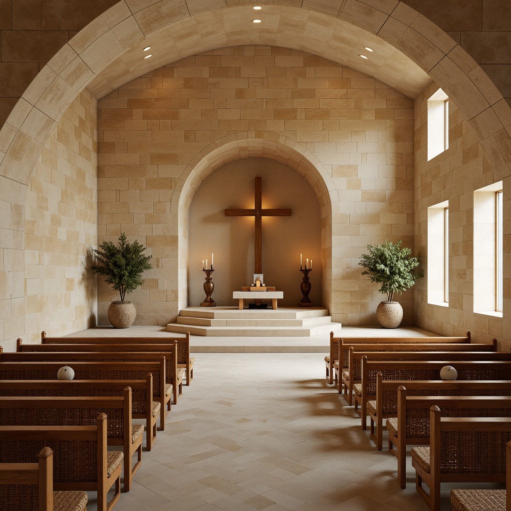 Prompt: Soothing chapel interior, natural stone walls, wooden pews, minimalist decor, subtle lighting, earthy tones, organic textures, simple altar design, candlelit ambiance, serene atmosphere, soft focus, shallow depth of field, 1/1 composition, warm beige colors, rustic wooden accents, handmade ceramic tiles, woven wicker furniture, botanical patterns, gentle shadows, ambient occlusion.