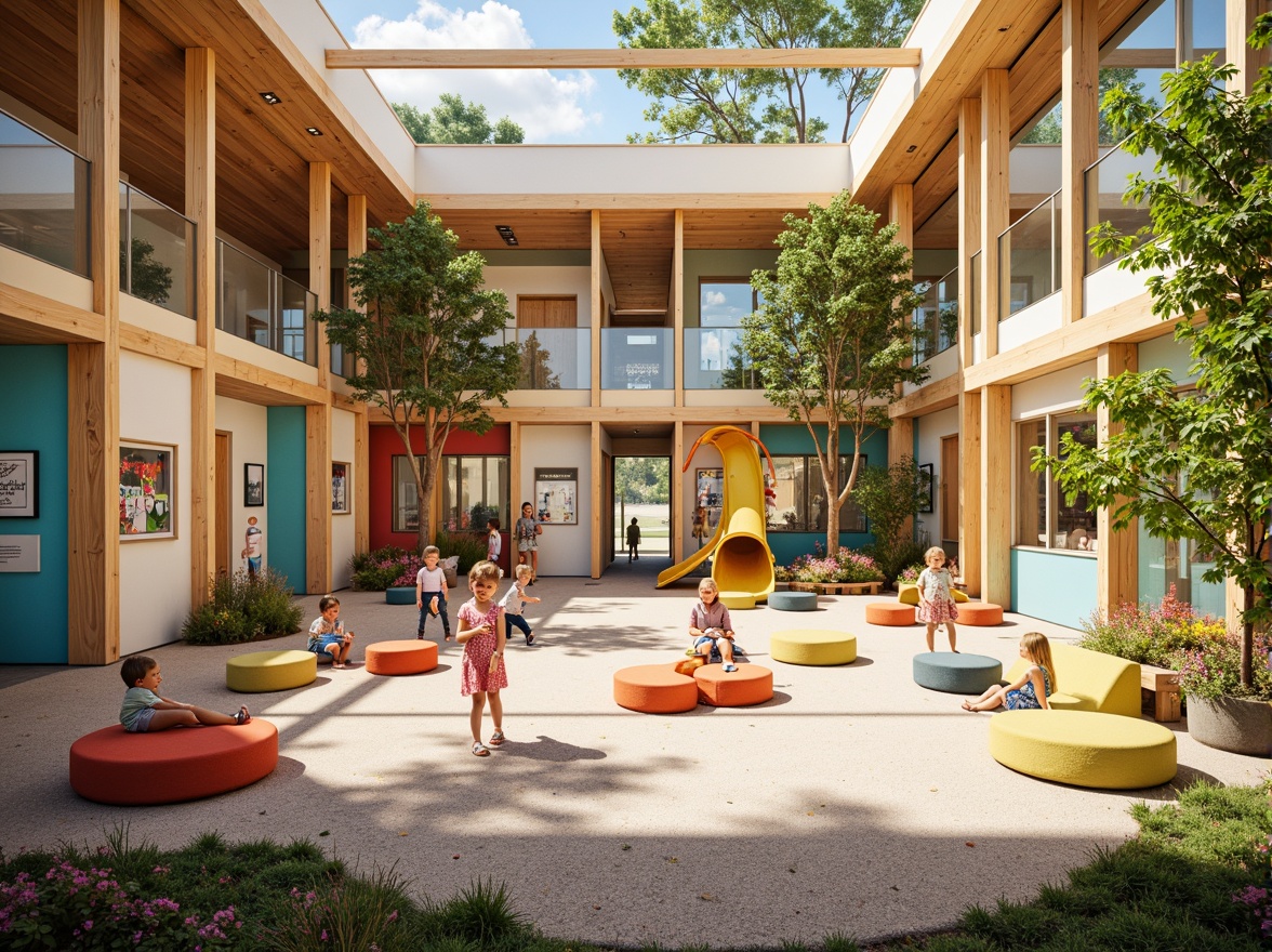 Prompt: Vibrant kindergarten playground, bright sunny day, warm natural light, large windows, skylights, open ceiling, wooden accents, colorful wall murals, playful furniture, soft cushions, educational toys, interactive displays, kid-friendly materials, textured carpets, cozy reading nooks, circular tables, collaborative learning spaces, modern minimalist design, eco-friendly architecture, energy-efficient systems, shaded outdoor areas, lush greenery, blooming flowers, gentle breeze, 1/1 composition, realistic textures, ambient occlusion.