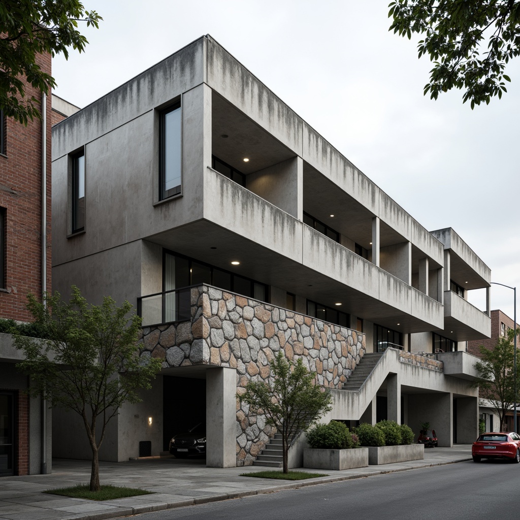 Prompt: Modernist brutalist architecture, rough-hewn stone walls, textured concrete surfaces, minimalist ornamentation, functional simplicity, international style aesthetics, clean lines, rectangular forms, cantilevered roofs, large windows, natural light, industrial materials, urban landscape, cityscape background, moody overcast lighting, low-angle photography, 2/3 composition, shallow depth of field, realistic textures, ambient occlusion.