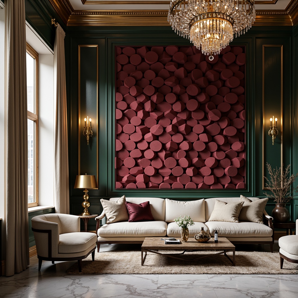 Prompt: Richly textured walls, luxurious velvet fabrics, metallic gold accents, lavish crystal chandeliers, sumptuous marble floors, opulent jewel-toned colors, deep berry reds, rich emerald greens, regal navy blues, creamy whites, warm beige neutrals, sophisticated charcoal grays, elegant cream textures, refined matte finishes, dramatic high-contrast lighting, cinematic mood boards, 3/4 composition, atmospheric depth of field, realistic material reflections.