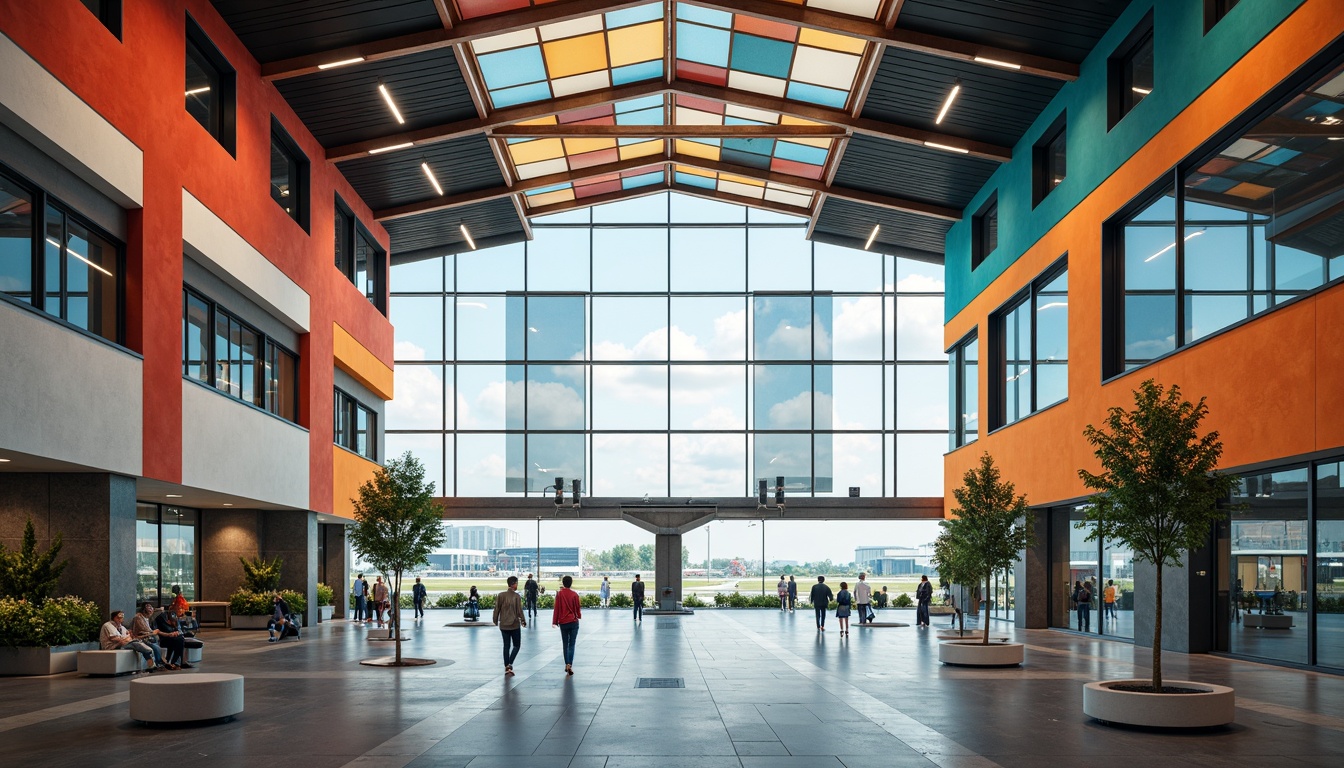 Prompt: Bauhaus-inspired airport terminal, geometric fa\u00e7ade patterns, bold primary colors, steel frames, cantilevered roofs, minimalist aesthetic, functional simplicity, industrial materials, exposed ductwork, polished concrete floors, large glass windows, natural light infiltration, airy interior spaces, modernist architecture, streamlined shapes, futuristic ambiance, high-tech infrastructure, advanced air traffic control systems, sustainable energy harvesting systems, green roofs, wind turbines, solar panels, dynamic LED lighting, 3/4 composition, shallow depth of field, panoramic view, realistic textures, ambient occlusion.