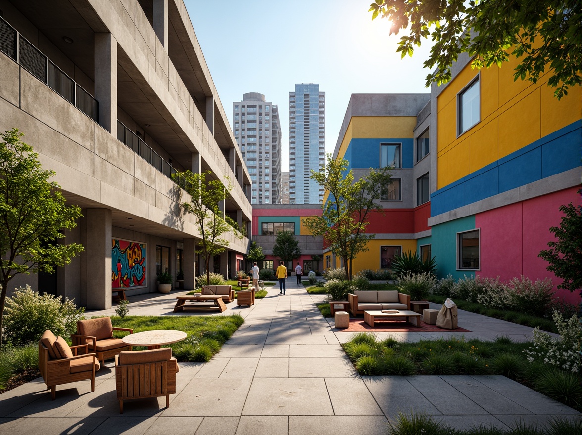 Prompt: Vibrant urban school, concrete buildings, graffiti walls, modern street art, bold color blocks, abstract murals, eclectic furniture, industrial metal accents, reclaimed wood textures, urban garden landscapes, cityscape views, dynamic lighting effects, warm afternoon sunbeams, shallow depth of field, 1/1 composition, realistic renderings, ambient occlusion.