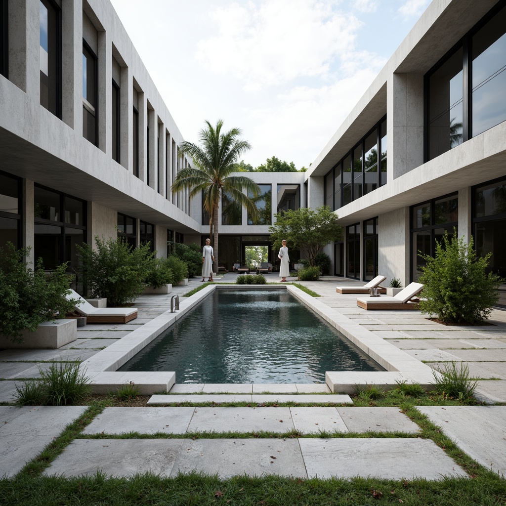 Prompt: Minimalist courtyard, sleek water features, geometric stone pavers, lush greenery, tropical plants, modern sculptures, clean lines, simple shapes, industrial materials, exposed concrete, steel accents, vast open spaces, abstract art pieces, subtle lighting, dramatic shadows, 1/1 composition, low-angle shot, high contrast, realistic textures.