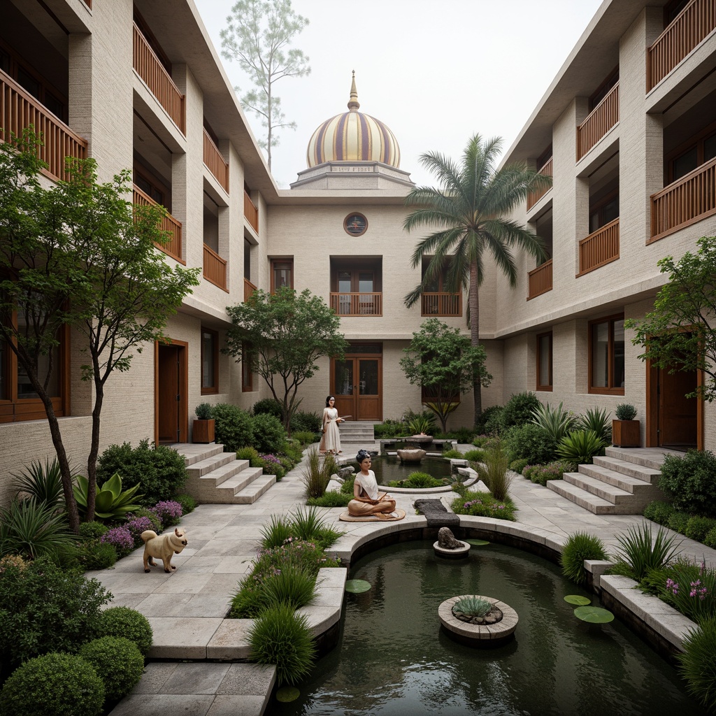 Prompt: Serenely peaceful monastery courtyard, intricately carved stone walls, vibrant greenery, majestic Buddha statues, lotus ponds, wooden bridges, traditional Chinese pagodas, modern fusion architecture, sleek metal accents, minimalist design, natural ventilation systems, clerestory windows, ambient soft lighting, warm beige tones, 1/1 composition, symmetrical balance, realistic textures, subtle fog effects.