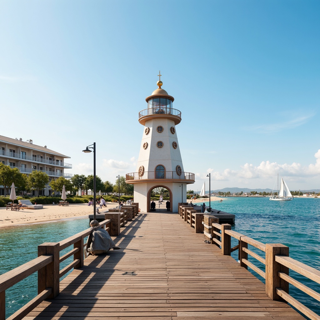 Prompt: Seaside promenade, symmetrical pier, majestic lighthouse, nautical-themed decorations, rustic wooden planks, sandy beach, calm turquoise water, sailboats, seagulls, sunny day, soft warm lighting, shallow depth of field, 1/1 composition, mirrored reflection, architectural symmetry, geometric patterns, minimalist design, modern coastal architecture, large windows, glass balconies, sleek metal railings, ocean-inspired color palette, weathered wood textures, ambient occlusion.